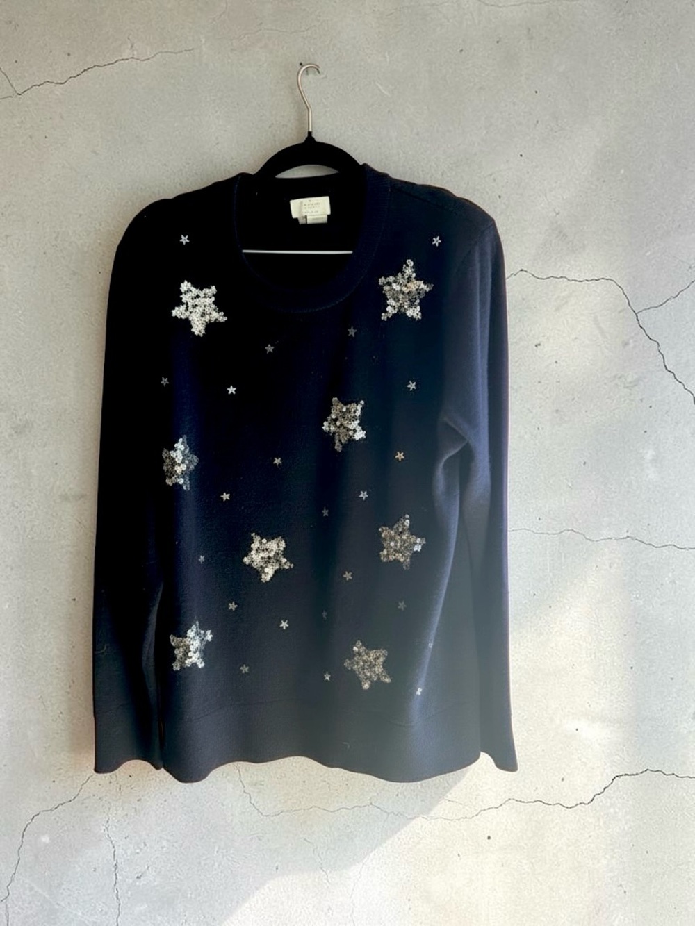NWOT kate spade Dark Navy Sequin Star Crewneck Sweater.  Wool/Cashmere, Size XL.